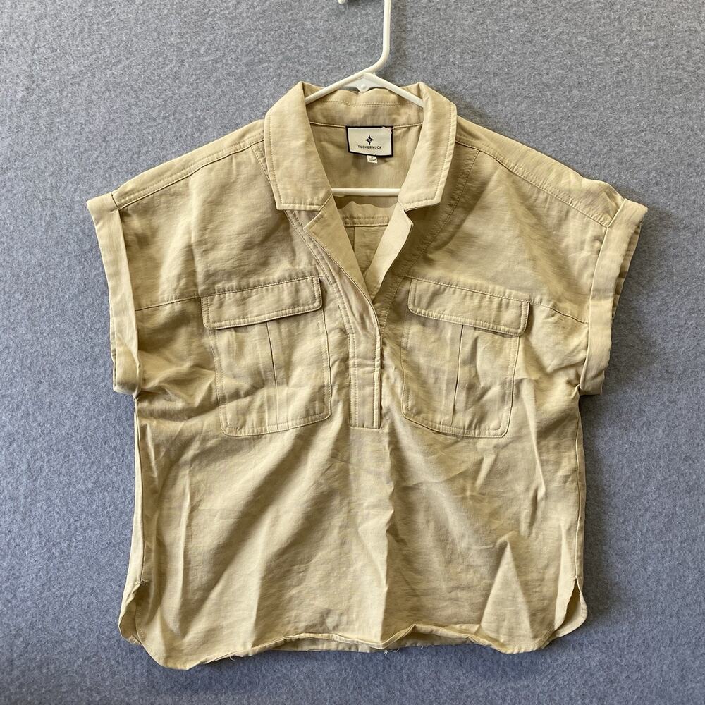 Tuckernuck Khaki Scottie shirt Beige Utility Safari Popover Top Pockets Boxy S - Picture 2 of 10